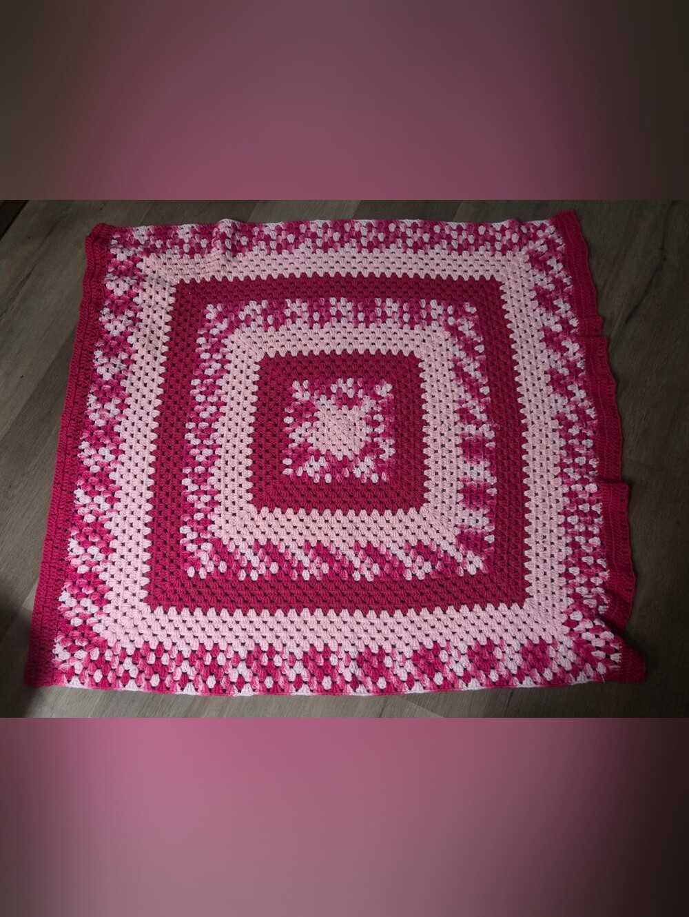 Handmade Vintage Pink Granny Square Crochet Blanket Throw Afghan B1J